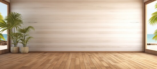 Rendering of an empty holiday villa room with wooden paneling