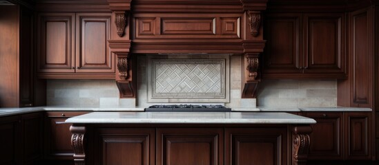 Cabinets made with wood and marble design in the kitchen