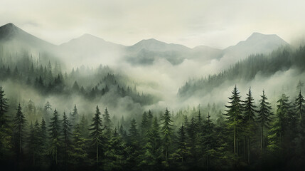 Naklejka na ściany i meble forest in mist and fog