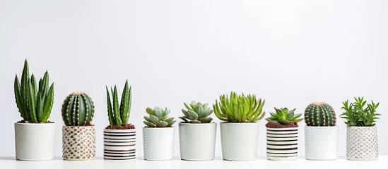 Rolgordijnen Succulents and cactus plants in white pots on a background © HN Works