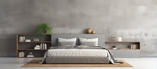 a modern bedroom with concrete and white walls wooden floor gray master bed with bedside tables and white bookcase