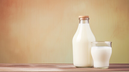 A bottle of milk and glass of milk on a wooden table on a pastel background. Advertising copy space.