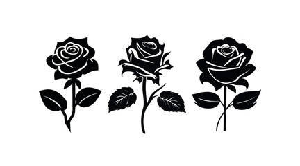 Roses flowers silhouette set vector drawing.Floral beautiful wedding element.Black stencil tattoo design.Decor.Decoration.Vinyl wall sticker decal.Plotter laser cutting.Beauty salon logo.DIY cut 