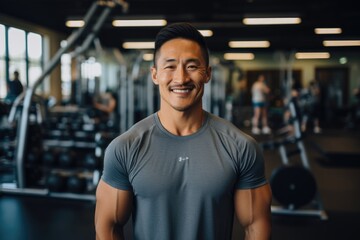 Smiling portrait of a young male asian fitness trainer instructor working in a gym