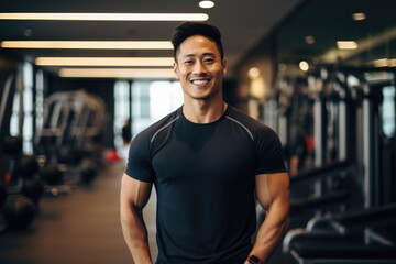 Smiling portrait of a young male asian fitness trainer instructor working in a gym