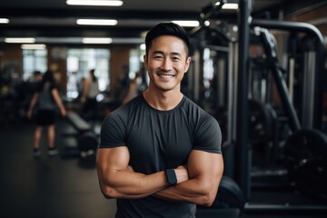 Smiling portrait of a young male asian fitness trainer instructor working in a gym