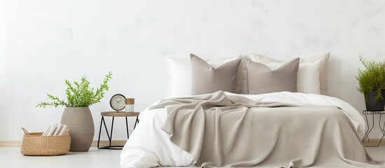 Contemporary bedroom with gray blanket and pillows on bed