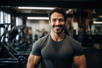 Smiling portrait of a young male caucasian fitness instructor trainer working in a gym
