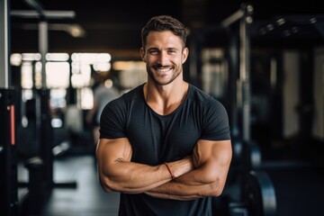 Smiling portrait of a young male caucasian fitness instructor trainer working in a gym - Powered by Adobe