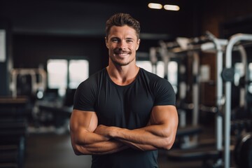 Fototapeta na wymiar Smiling portrait of a young male caucasian fitness instructor trainer working in a gym
