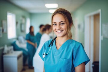 Smiling portrait of a young caucasian female nurse working in a hospital