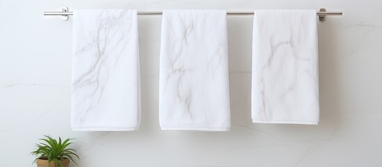Minimalist modern interior design with marble patterned bathroom wall and chrome hooks holding two white towels