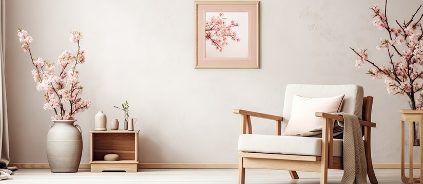 Cozy living room interior with poster frame sideboard armchair pillow sculpture blossoms and personal accessories