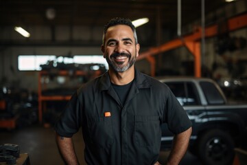 Smiling portrait of a male caucasian car mechanic working in a mechanics shop