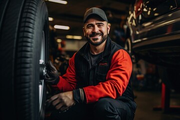 Smiling portrait of a male caucasian car mechanic working in a mechanics shop