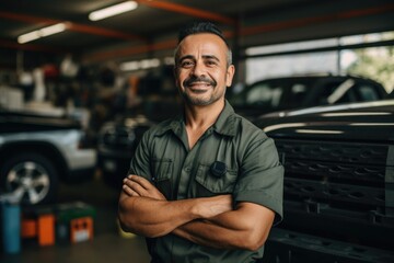 Smiling portrait of a middle aged mexican car mechanic working in a mechanics shop