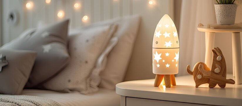Cozy wooden night lamp with rocket cut out picture on gray blanket in a cozy light bedroom with wooden decorations and accessories
