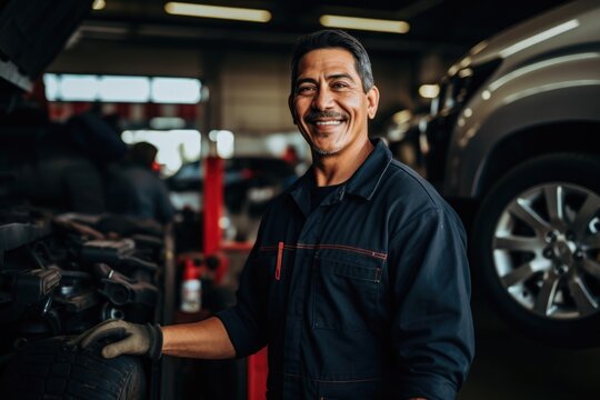 Smiling portrait of a middle aged mexican car mechanic working in a mechanics shop