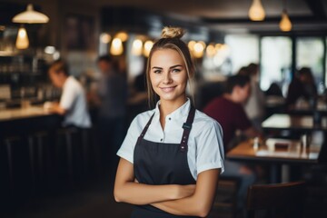Smiling portrait of a female caucasian waitres working in a cafe bar