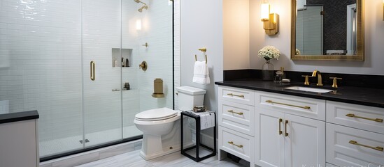 A compact upscale bathroom featuring a black granite countertop white vanity cabinet gold accented shower and sliding glass door