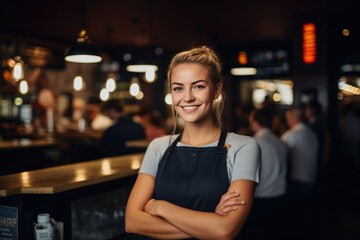 Obraz premium Smiling portrait of a young female caucasian barista wokring in a cafe bar