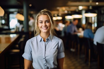 Smiling portrait of a young female caucasian barista wokring in a cafe bar
