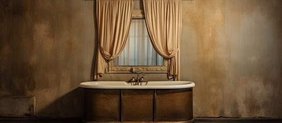 A bathroom with a mirror sink and closed curtain bath