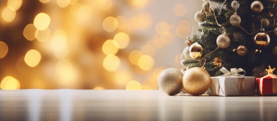 Cozy holiday room with tree and blurred festive lighting