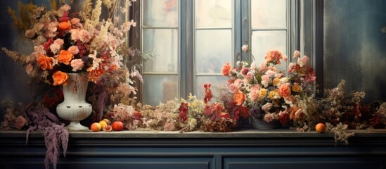 Autumn flowers arranged near an old window in a beautiful still life