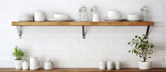 White brick wall background with dishes on kitchen shelving