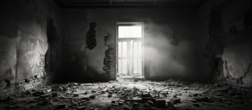 Black and white photo of a rundown house with damaged walls inside