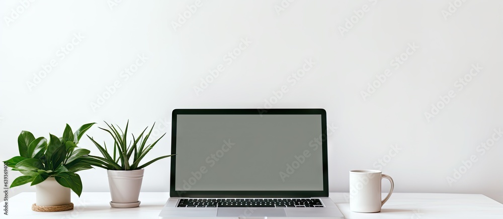 Poster Blank screen on white table with mouse and smartphone in home or office setting