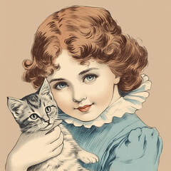 Old retro early 20th century postcard, a cute girl with curly hair holds a kitten in her arms.