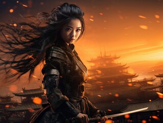 Portrait of beautiful epic warrior woman at sunset AI