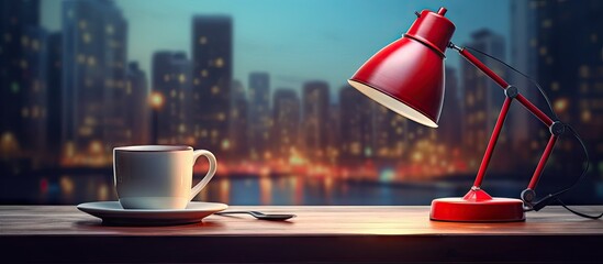Red lamp colored pencils coffee cup on wooden table with bokeh city background interior still life