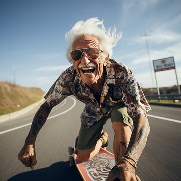An elderly man with tattoos, in bright clothes rides a skateboard and laughs merrily, active lifestyle and sport at any age