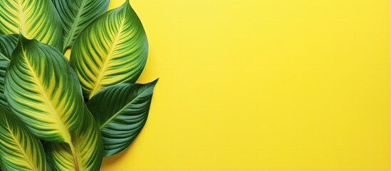 Calathea Orbifolia leaf on yellow background from above Copy space