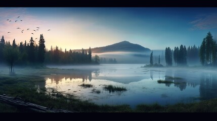 Sunrise over the lake in the forest. 3D render.