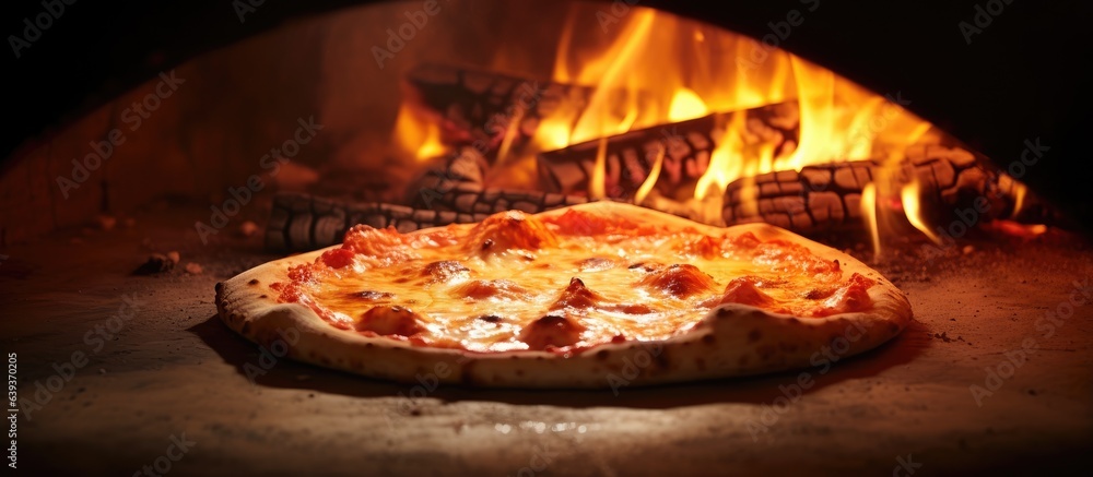 Poster blazing fire inside oven used for pizza