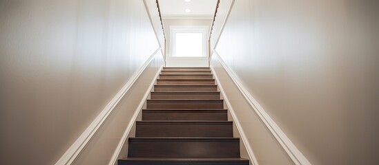 Narrow gray staircase with wooden railing and white walls seen from below