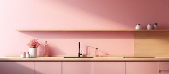 a pink minimalistic kitchen with built in sink and stove cooking appliances and cabinets above
