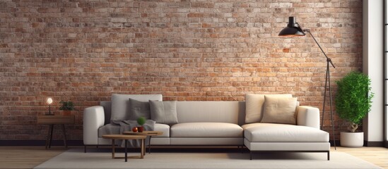 Create a virtual replica of a living room with a big corner couch and brick wall backdrop image