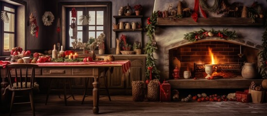 Fototapeta na wymiar Festively adorned cozy kitchen for Christmas