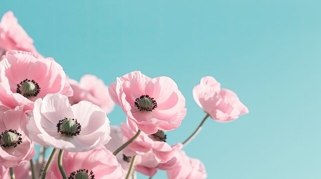 Pink anemone flowers on blue sky background with copy space.