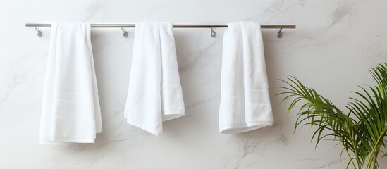 Minimalist modern interior design with marble patterned bathroom wall and chrome hooks holding two white towels