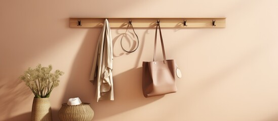 Stylish accessories and wooden hanger for keys on a beige wall in an interior hallway
