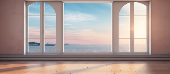 A digitally drawn a room with a wooden floor and a sea view from the window
