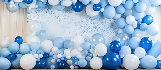 Holiday party decor with blue and white balloons and a spherical picture area