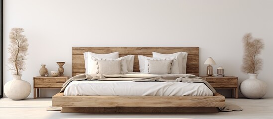 Cute double bed with wooden header and patterned cushions