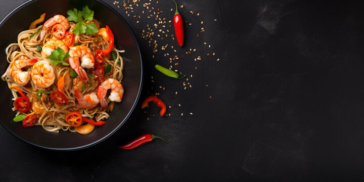 Top-Down View of Shrimp and Vegetable Stir-Fry Over Black Bowl on Slate Background